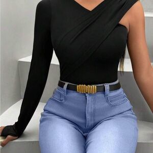 Black Asymmetrical Bodysuit with One Sleeve